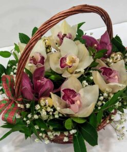 Ανθοσύνθεση σε καλάθι με ορχιδέες σιμπίντιουμ Ανθοσυνθέσεις Φρέσκων Λουλουδιών Ανθοπωλείο Δραγατάκη